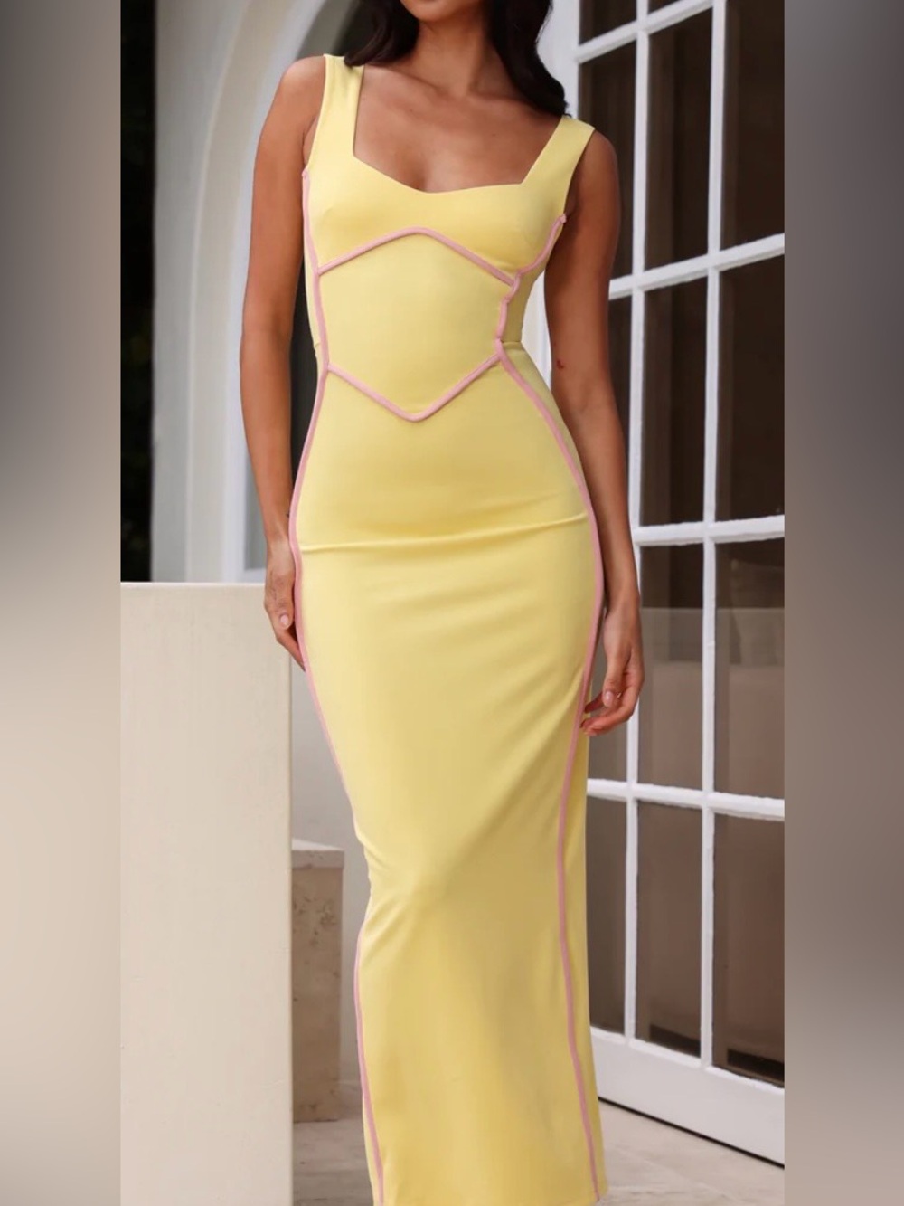 Saints & Secrets Fitted Max dress yellow with pink piping size Small